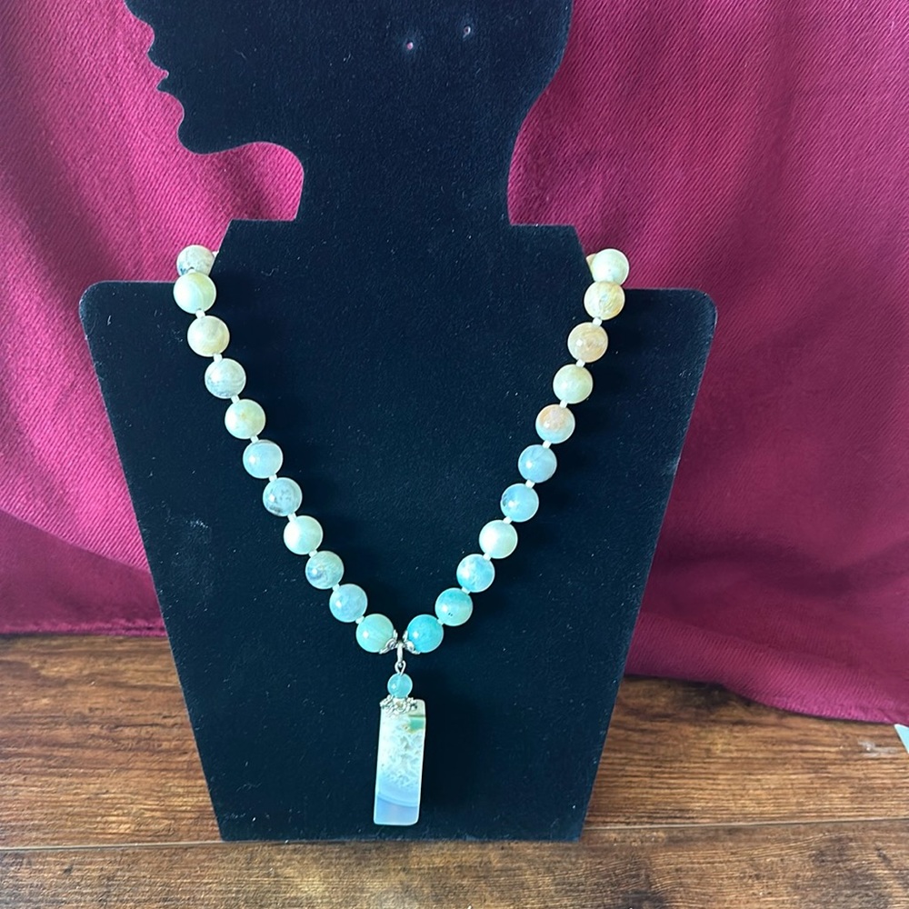 Genuine Agate Pendant with Amazonite Beaded Necklace